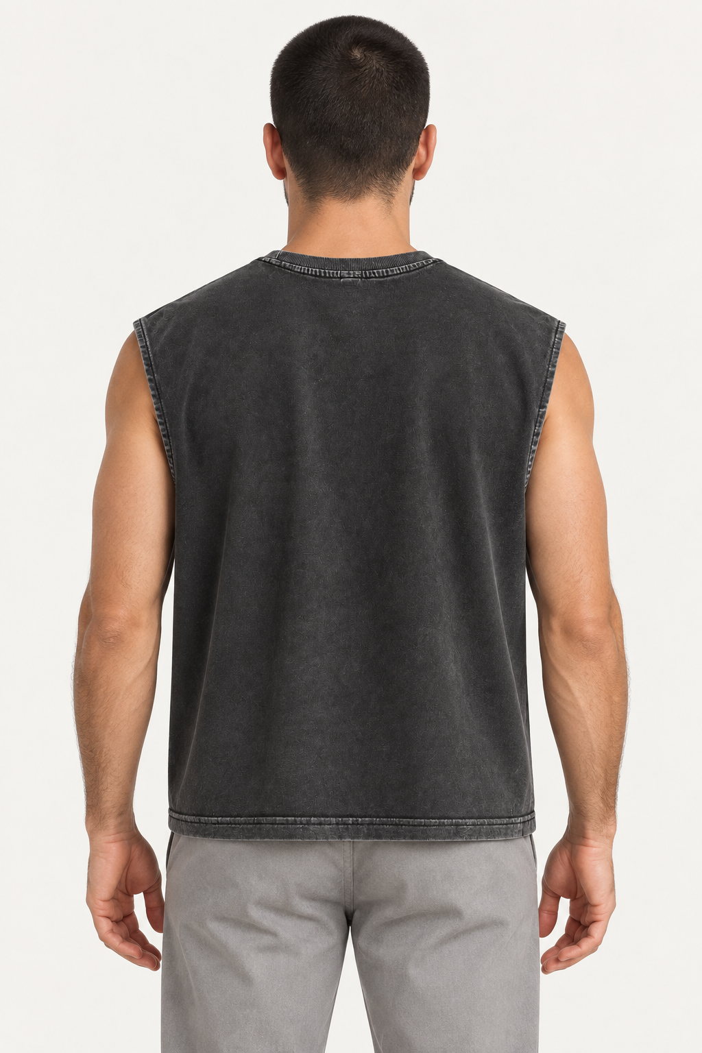 charcoal wide-shoulder crew-neck tank shown from the back on a model