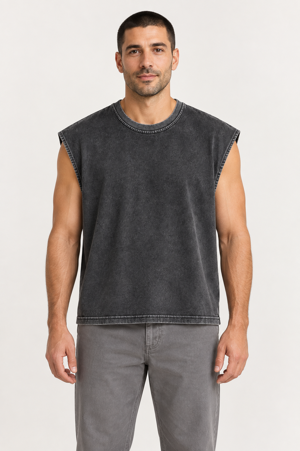 charcoal wide-shoulder crew-neck tank shown from the front on a model