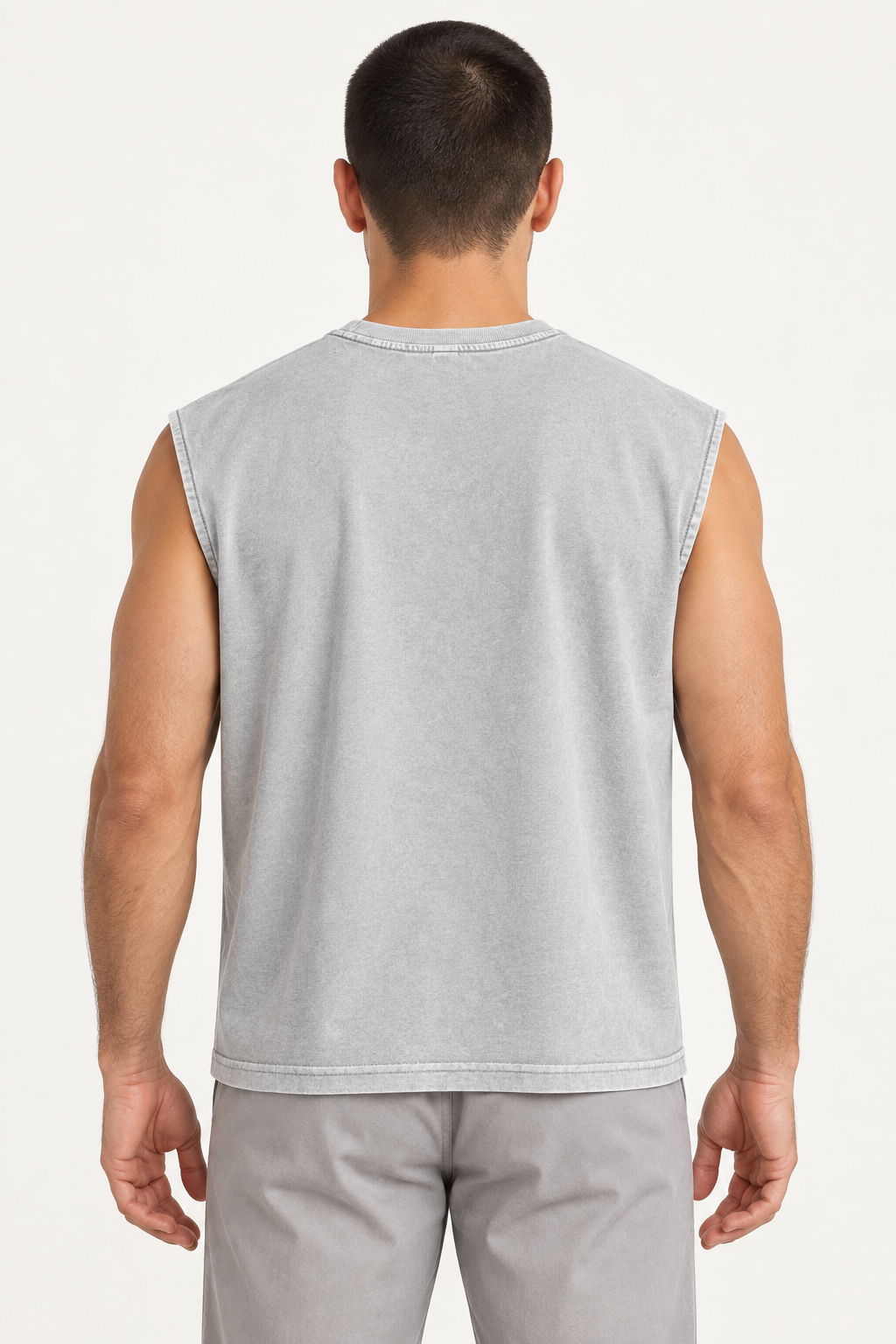 light grey wide-shoulder crew-neck tank shown from the back on a model