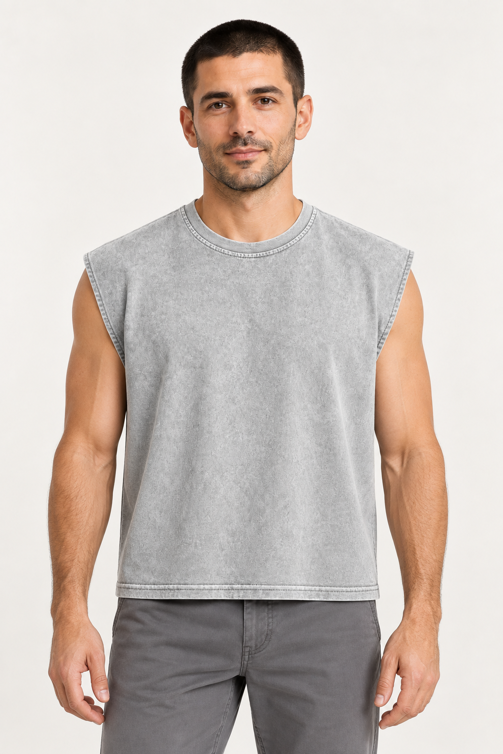 light grey wide-shoulder crew-neck tank shown from the front on a model