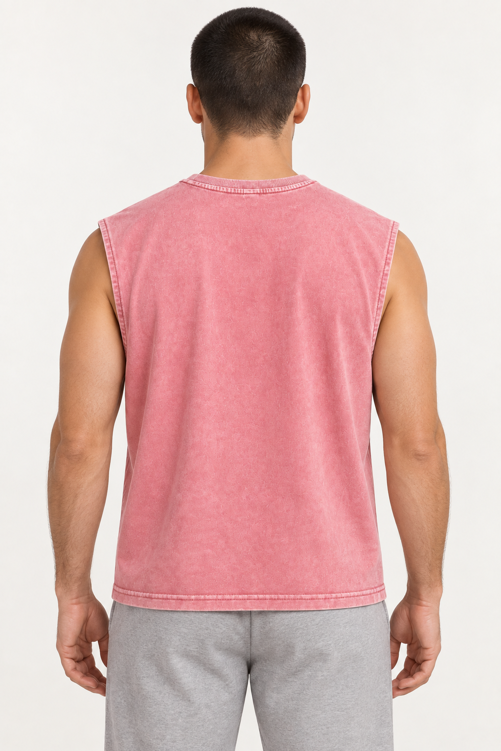 rose pink wide-shoulder crew-neck tank shown from the back on a model