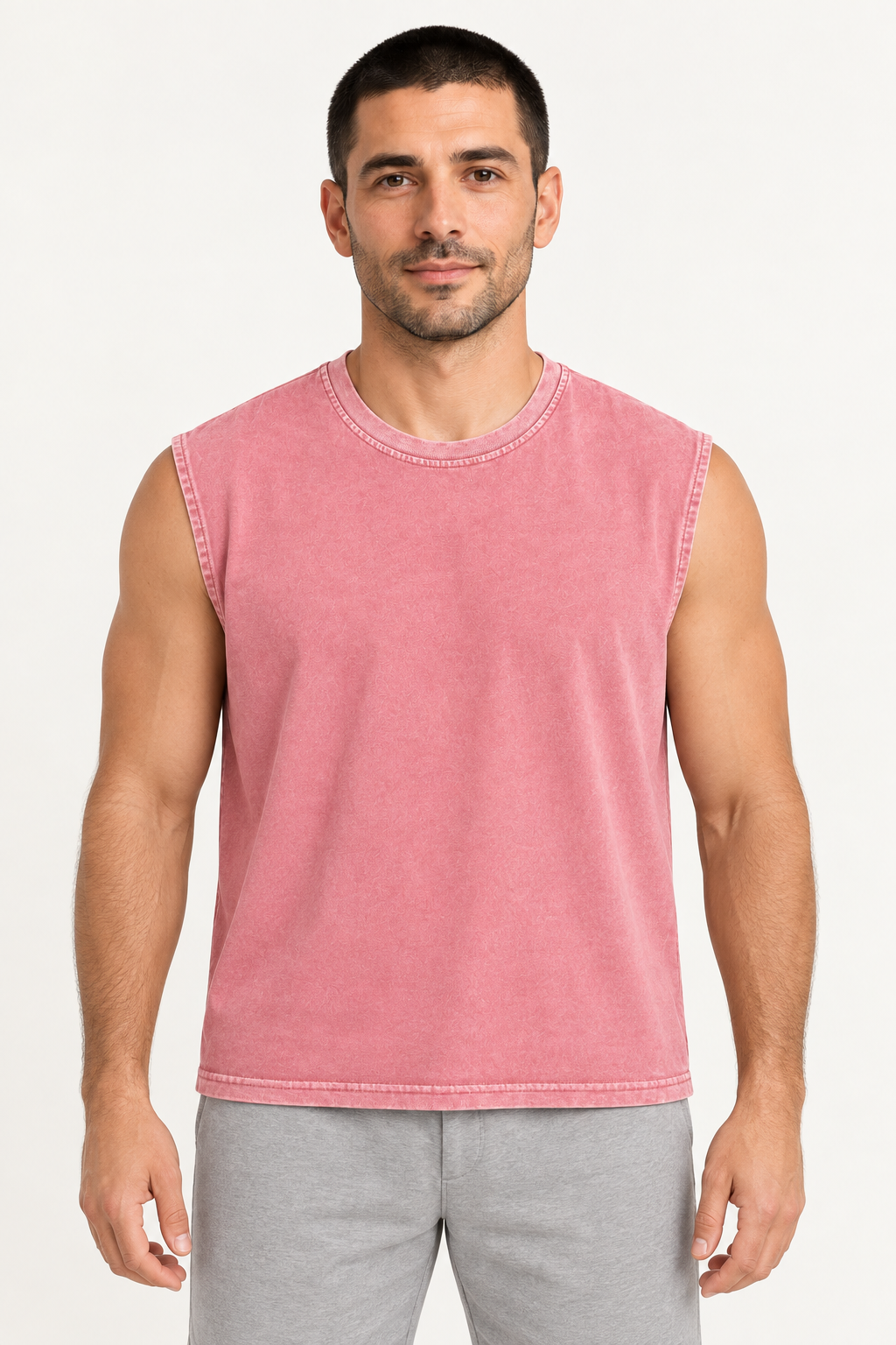 rose pink wide-shoulder crew-neck tank shown from the front on a model