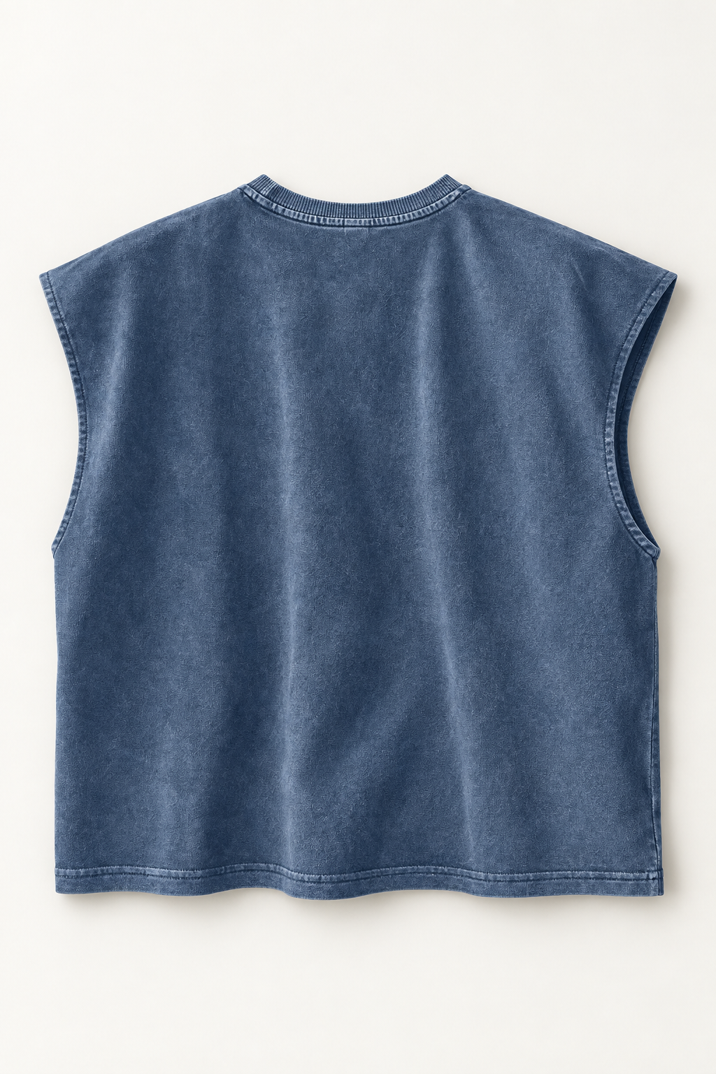 slate blue wide-shoulder crew-neck tank laid flat, back view
