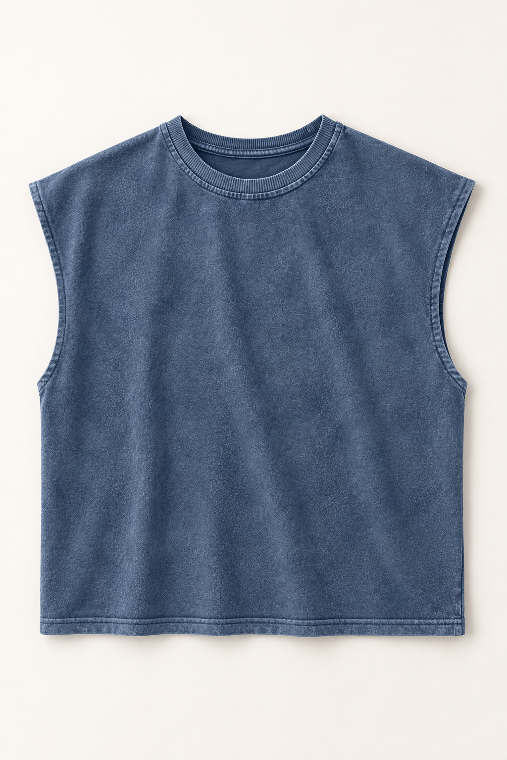 slate blue wide-shoulder crew-neck tank laid flat, front view