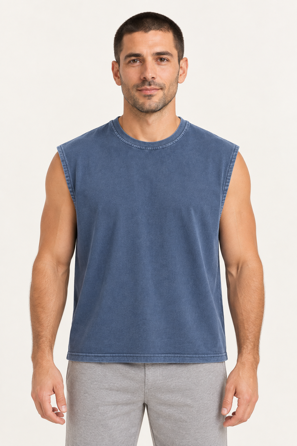 slate blue wide-shoulder crew-neck tank shown from the front on a model
