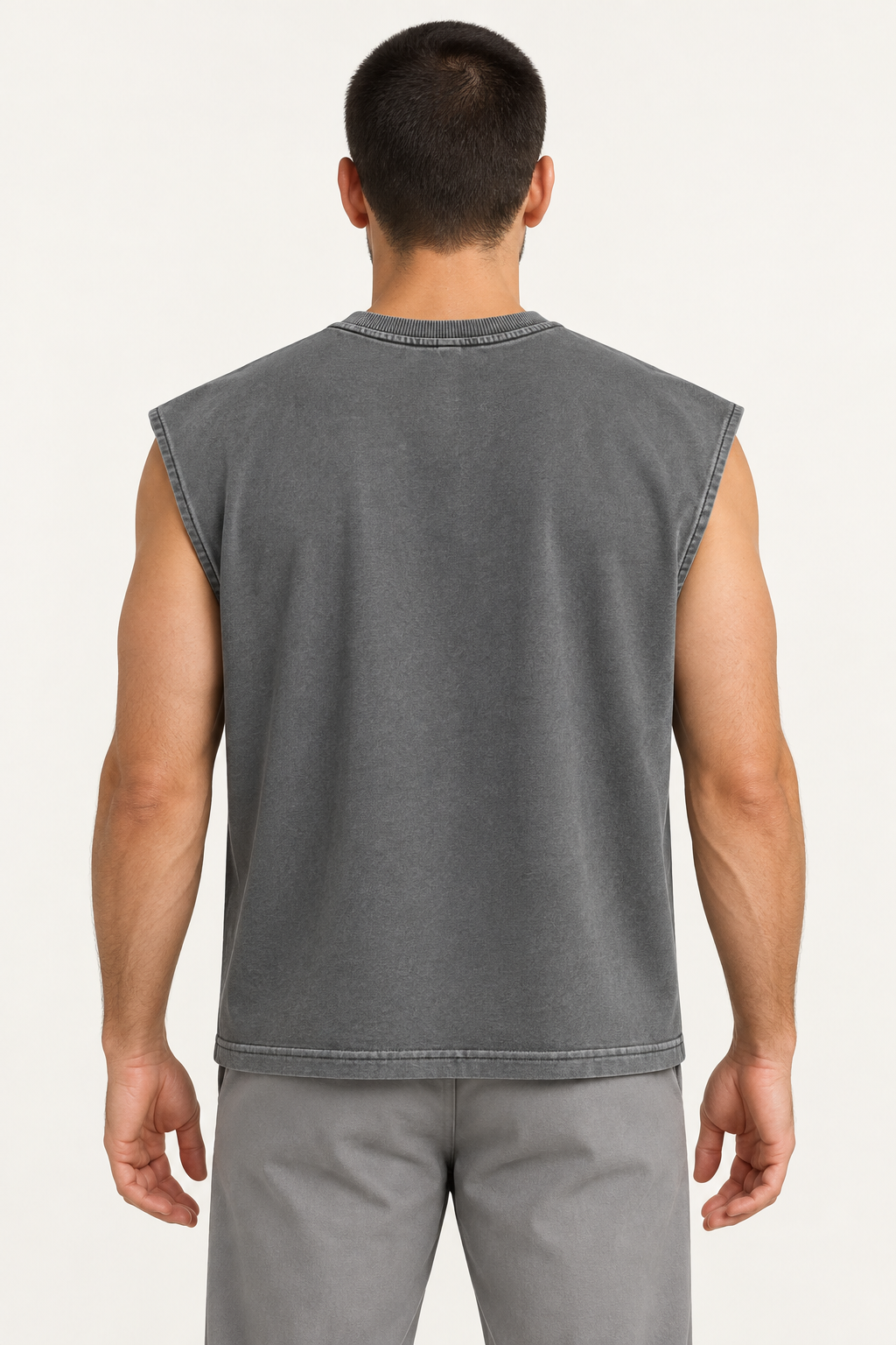 slate grey wide-shoulder crew-neck tank shown from the back on a model