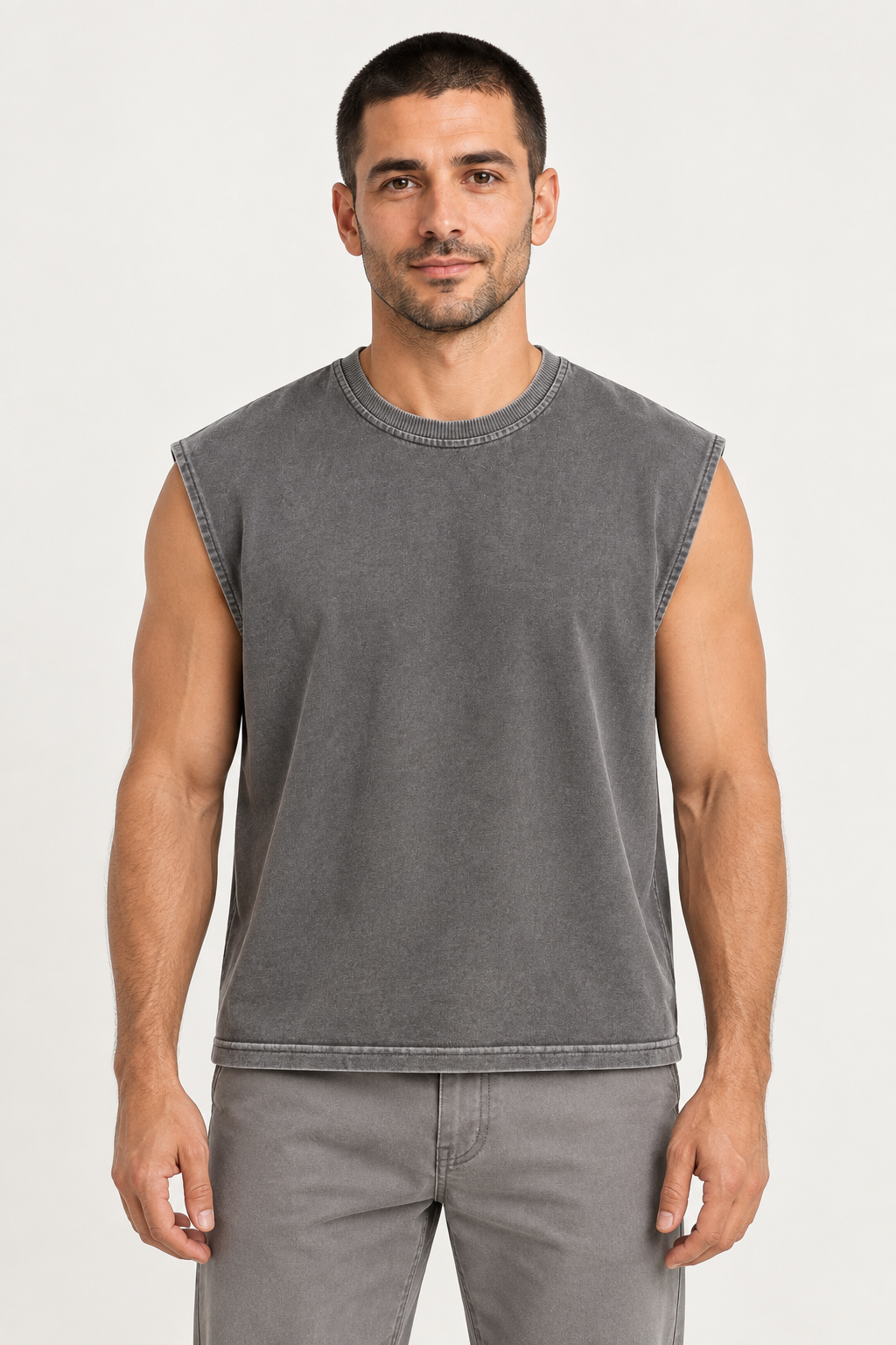 slate grey wide-shoulder crew-neck tank shown from the front on a model