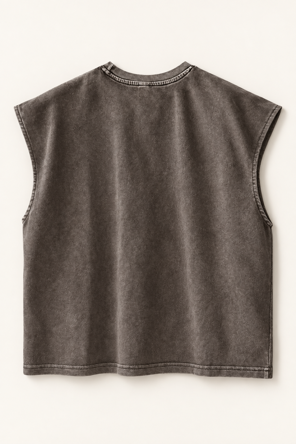 taupe wide-shoulder crew-neck tank laid flat, back view