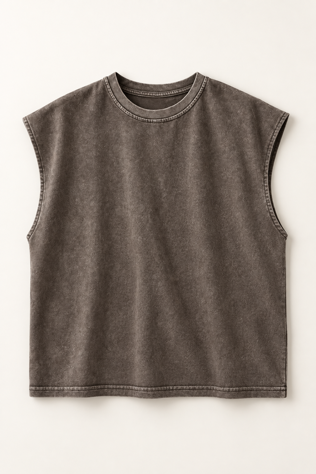 taupe wide-shoulder crew-neck tank laid flat, front view