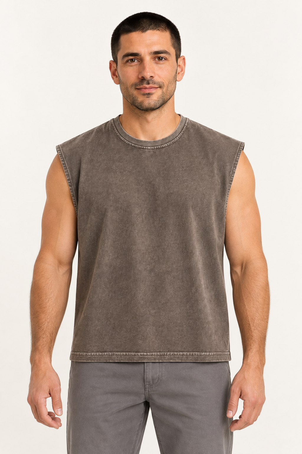 taupe wide-shoulder crew-neck tank shown from the front on a model