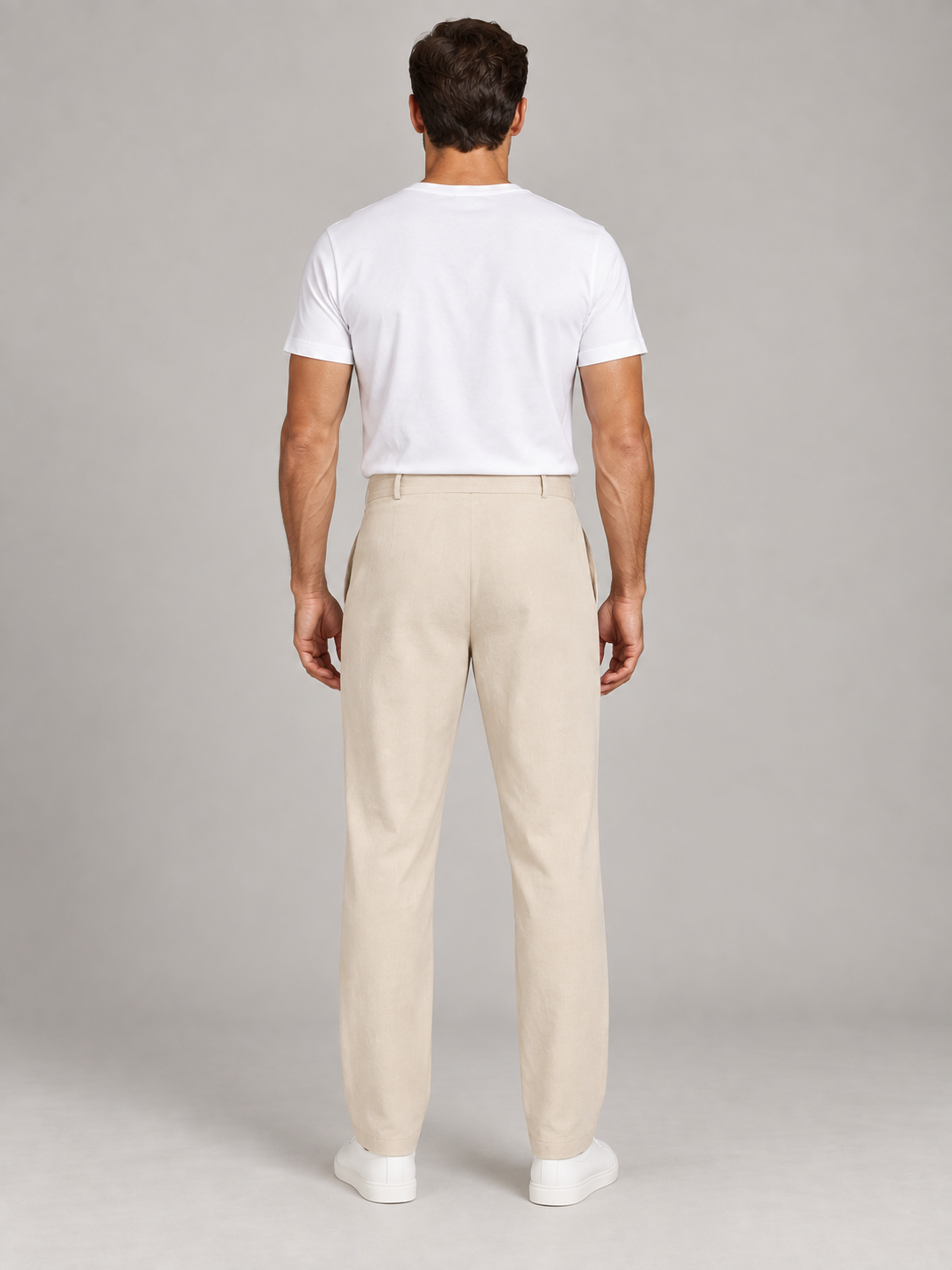 Apricot button-front drawstring trousers, back view on a model.