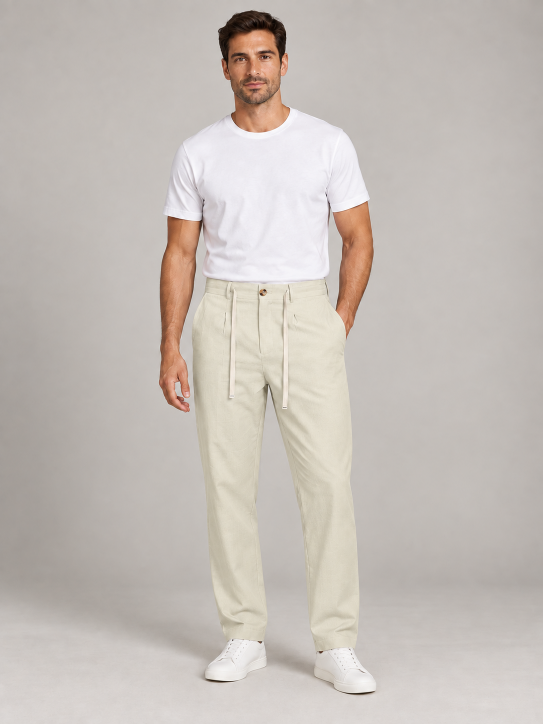 Apricot (Semi-sheer) button-front drawstring trousers, front view on a model.