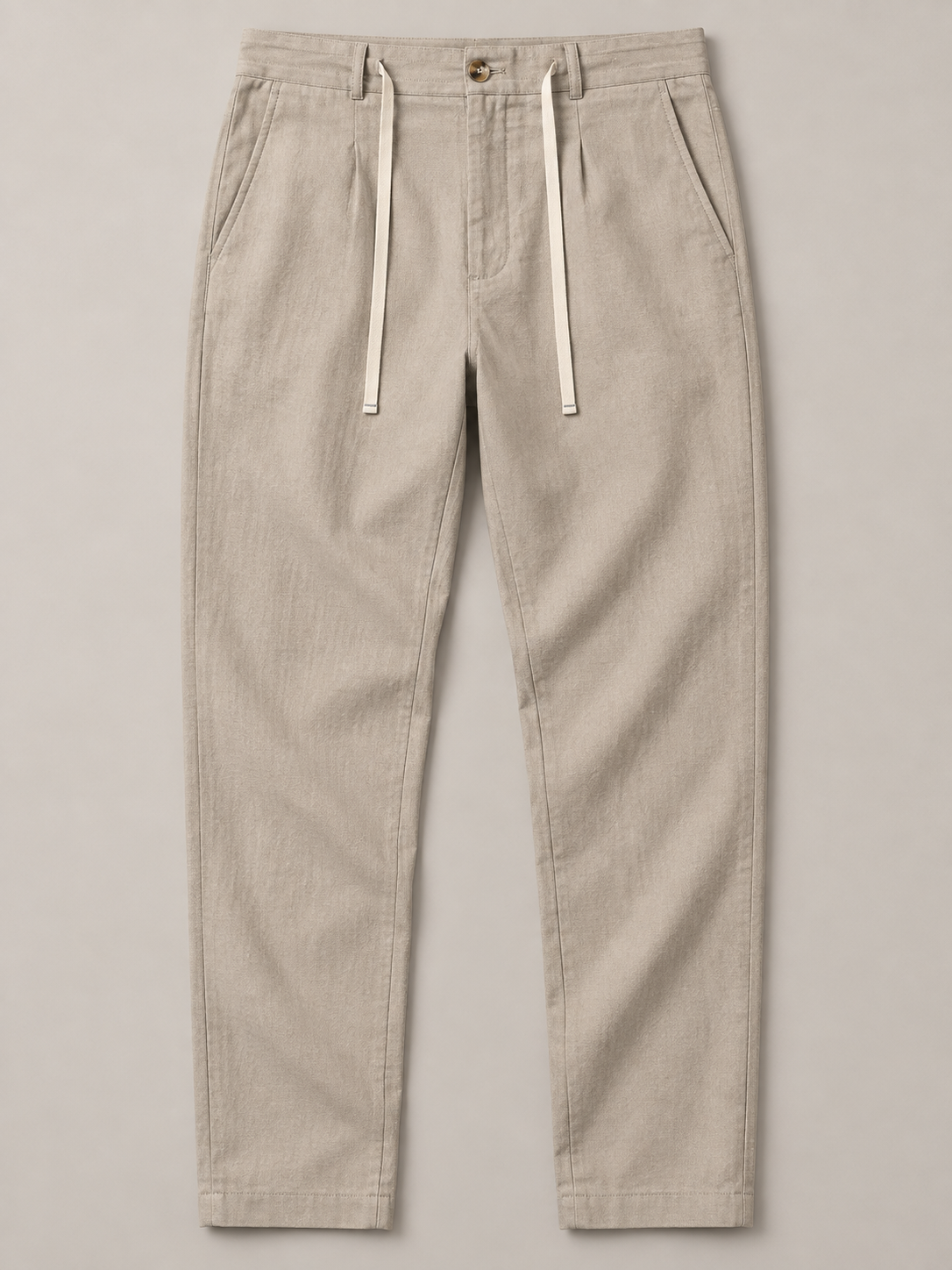 Apricot (Taupe tone) button-front drawstring trousers, flat front view.