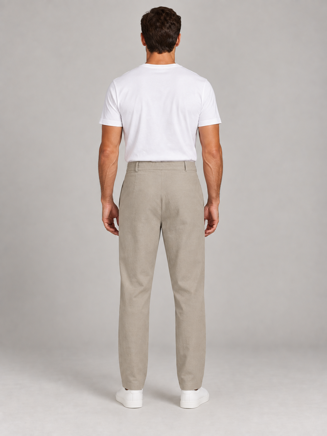 Apricot (Taupe tone) button-front drawstring trousers, back view on a model.