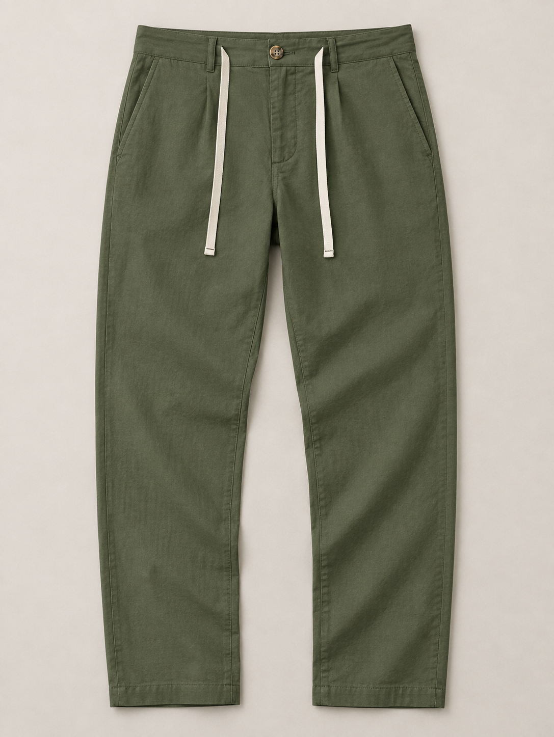Army Green button-front drawstring trousers, flat lay front.
