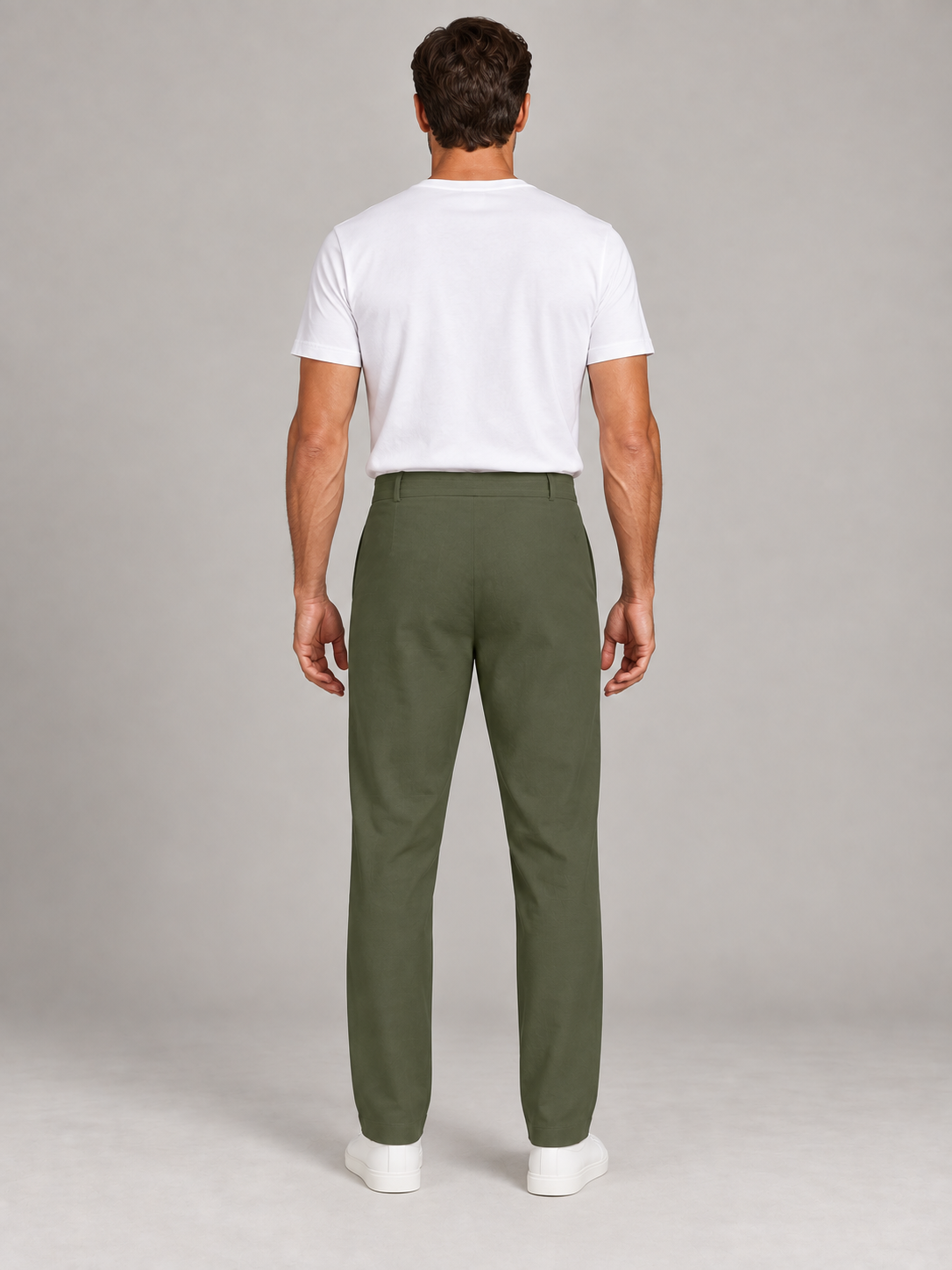 Army Green button-front drawstring trousers, model back.