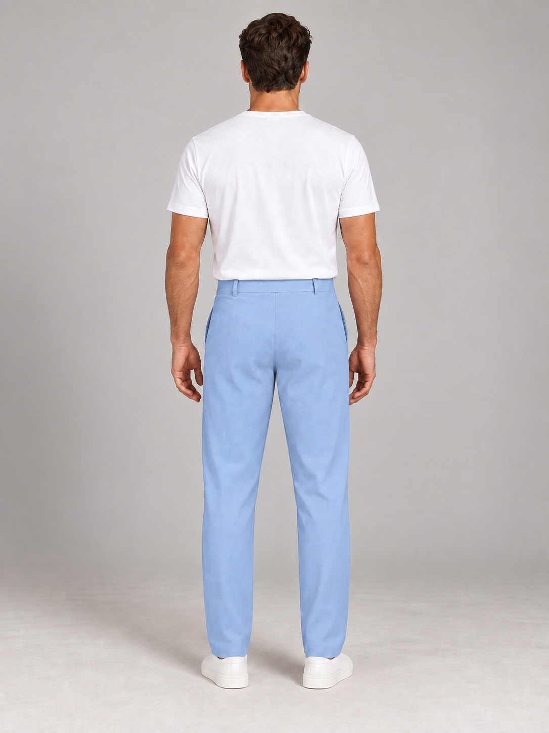 Baby Blue button-front drawstring trousers, model back.