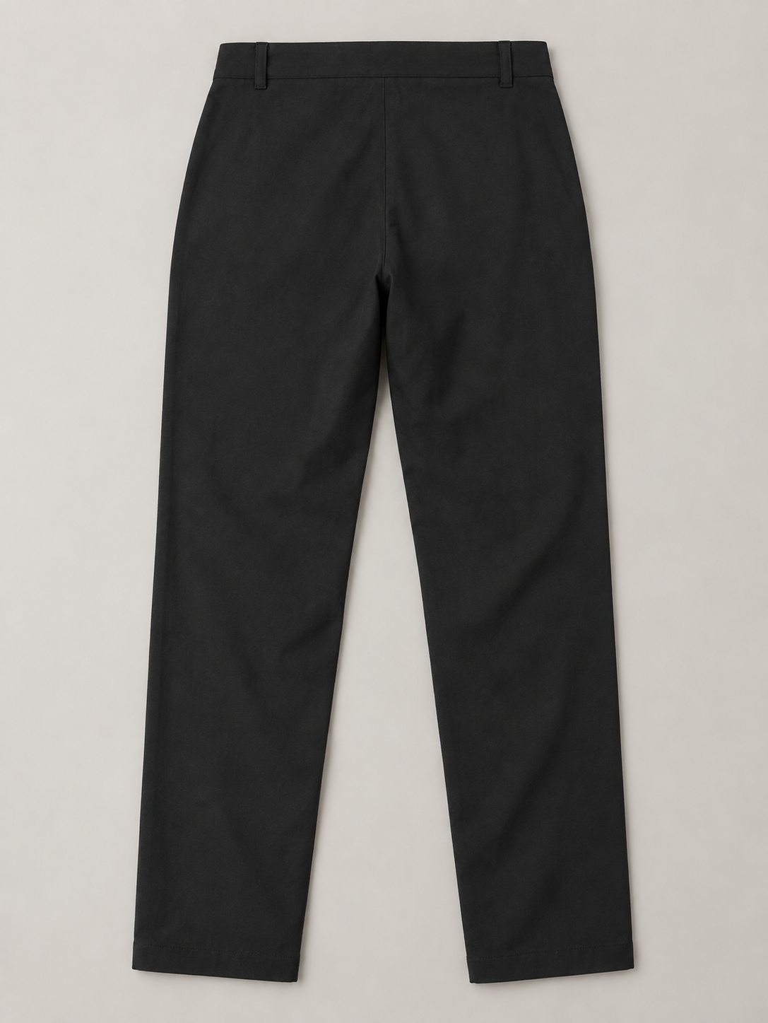 Black button-front drawstring trousers, flat lay back.
