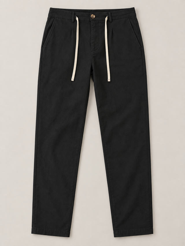 Black button-front drawstring trousers, flat lay front.