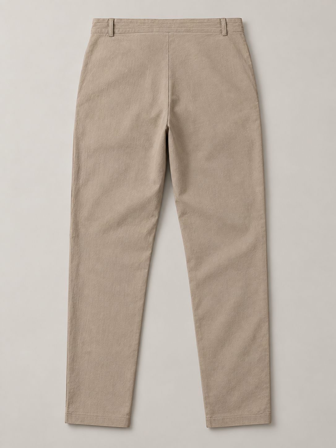 Khaki cotton button-front drawstring trousers, flat lay back.