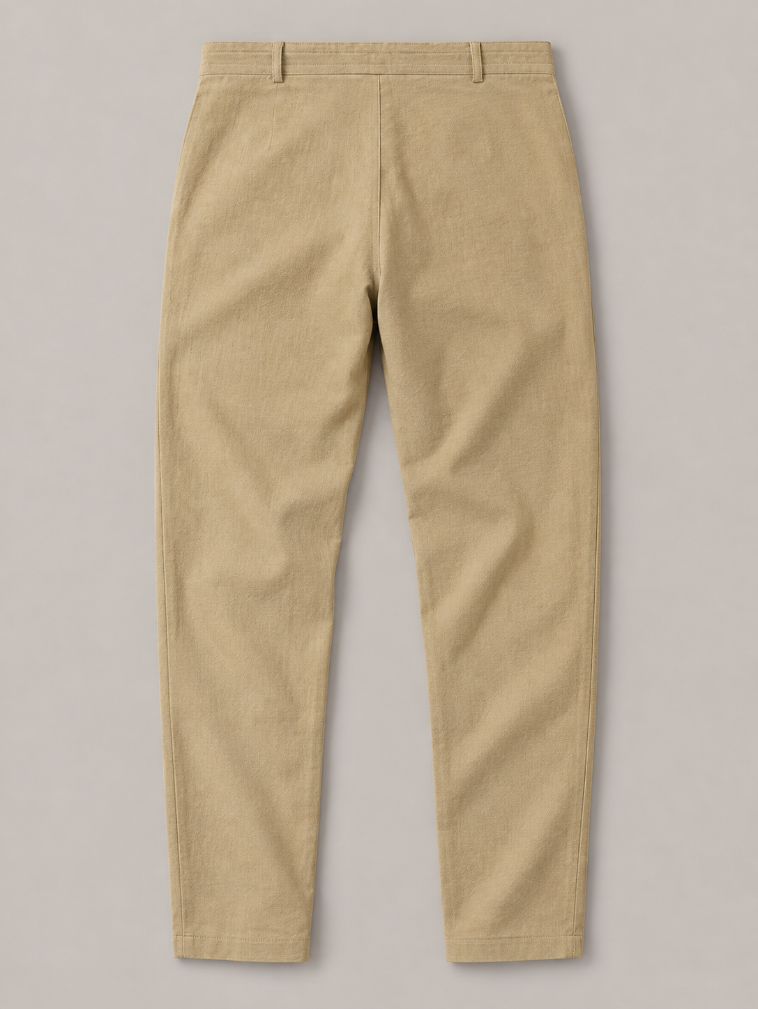 Khaki (Golden tone) button-front drawstring trousers, flat back view.