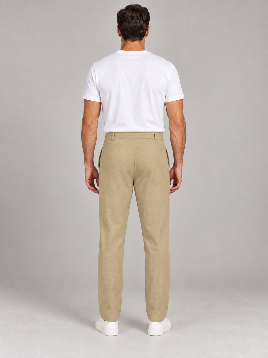 Khaki (Golden tone) button-front drawstring trousers, back view on a model.
