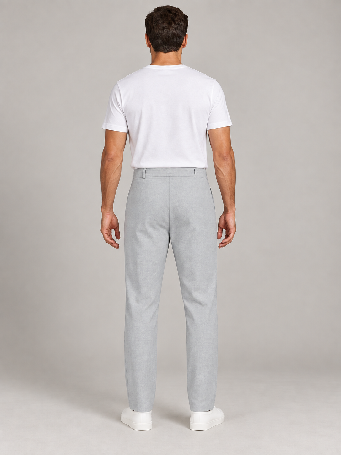 Light Grey drawstring trousers, plain back view on a model.