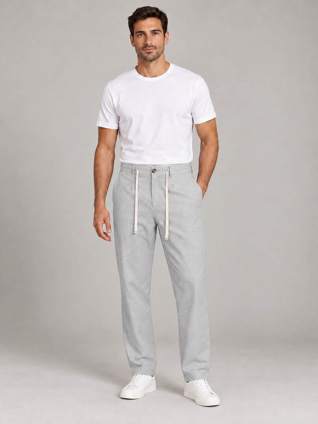 Light Grey drawstring trousers, front view on a model.