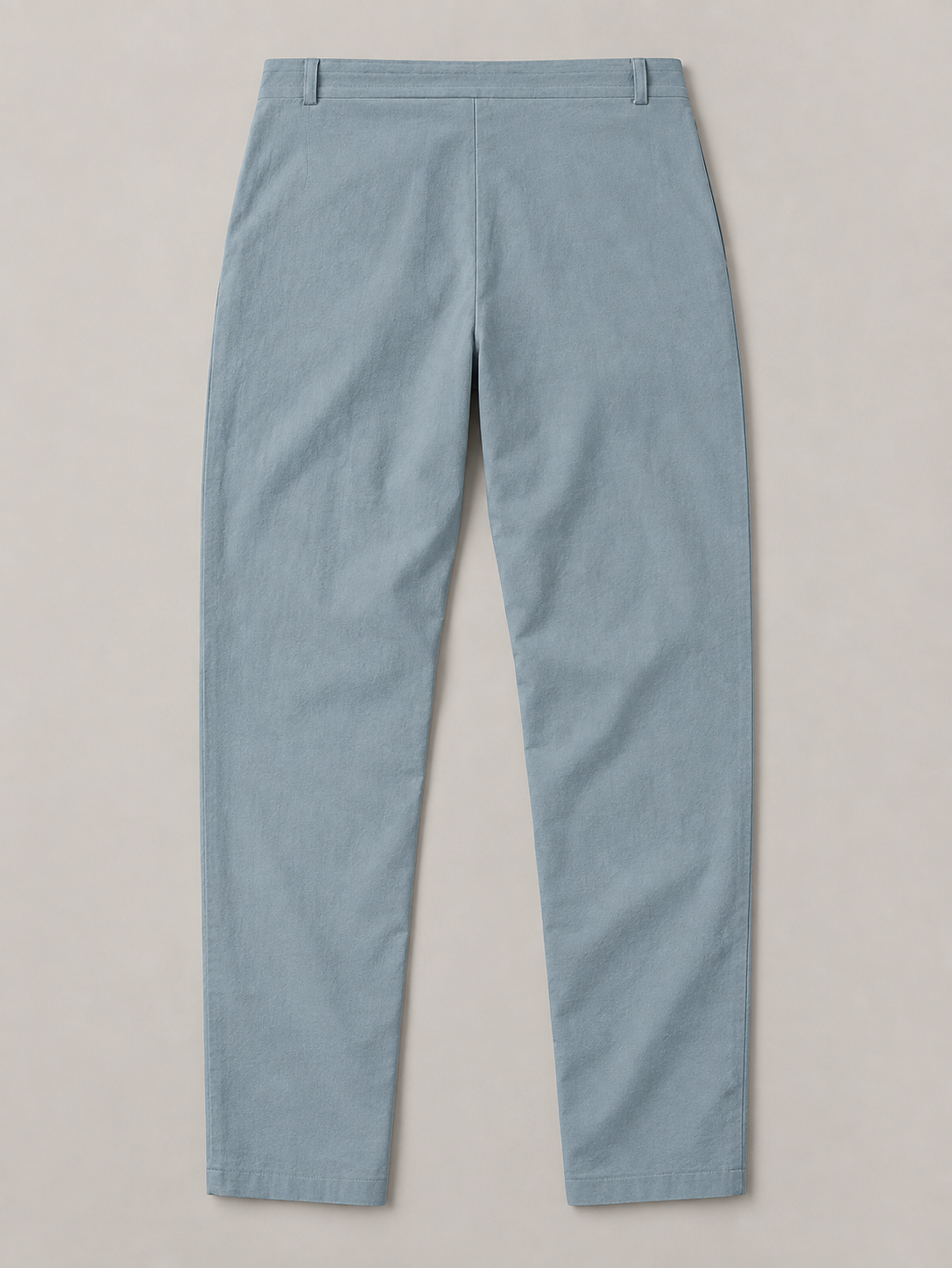 Mint Blue button-front drawstring trousers, flat lay back.