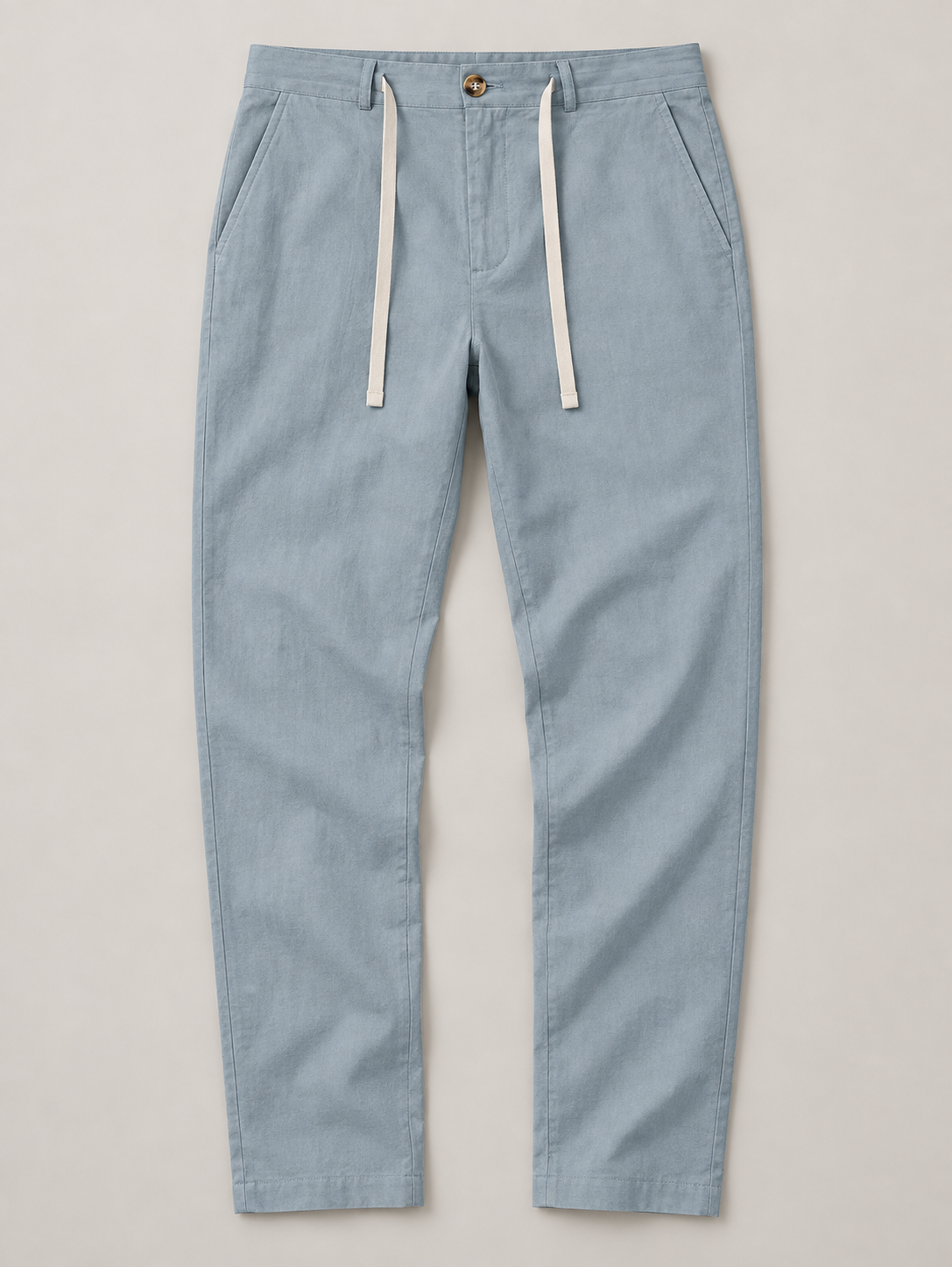 Mint Blue button-front drawstring trousers, flat lay front.