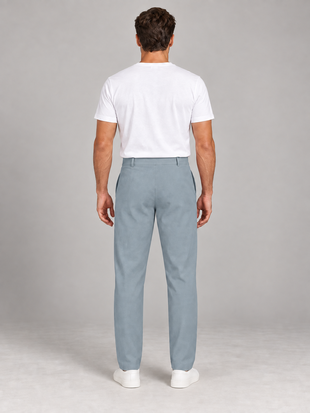 Mint Blue button-front drawstring trousers, model back.