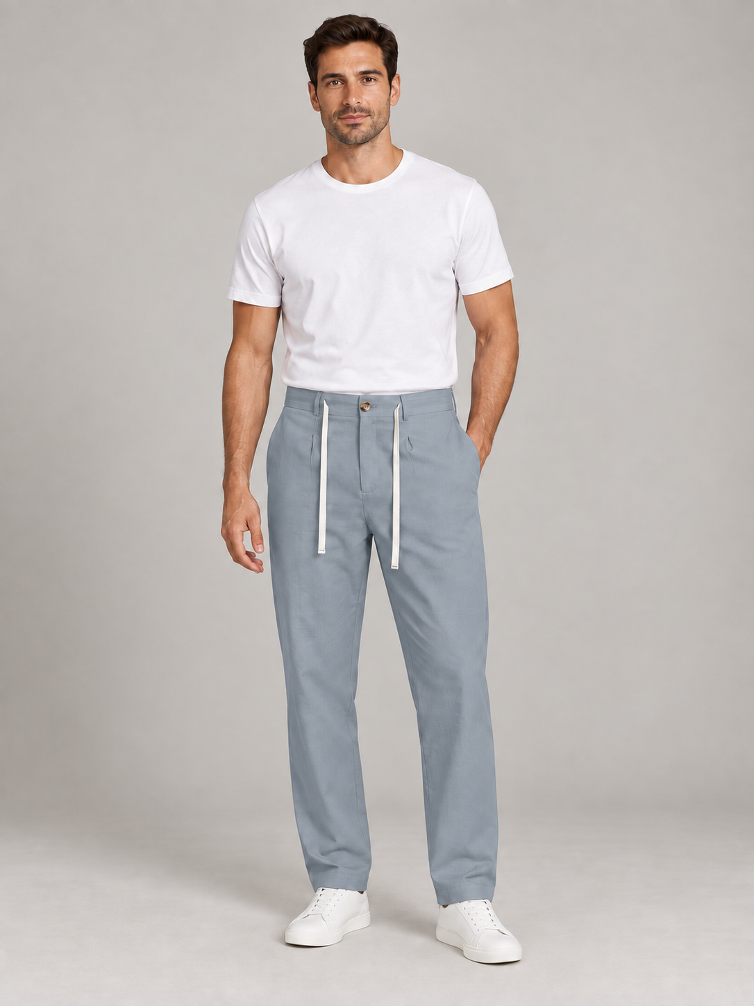Mint Blue button-front drawstring trousers, model front.