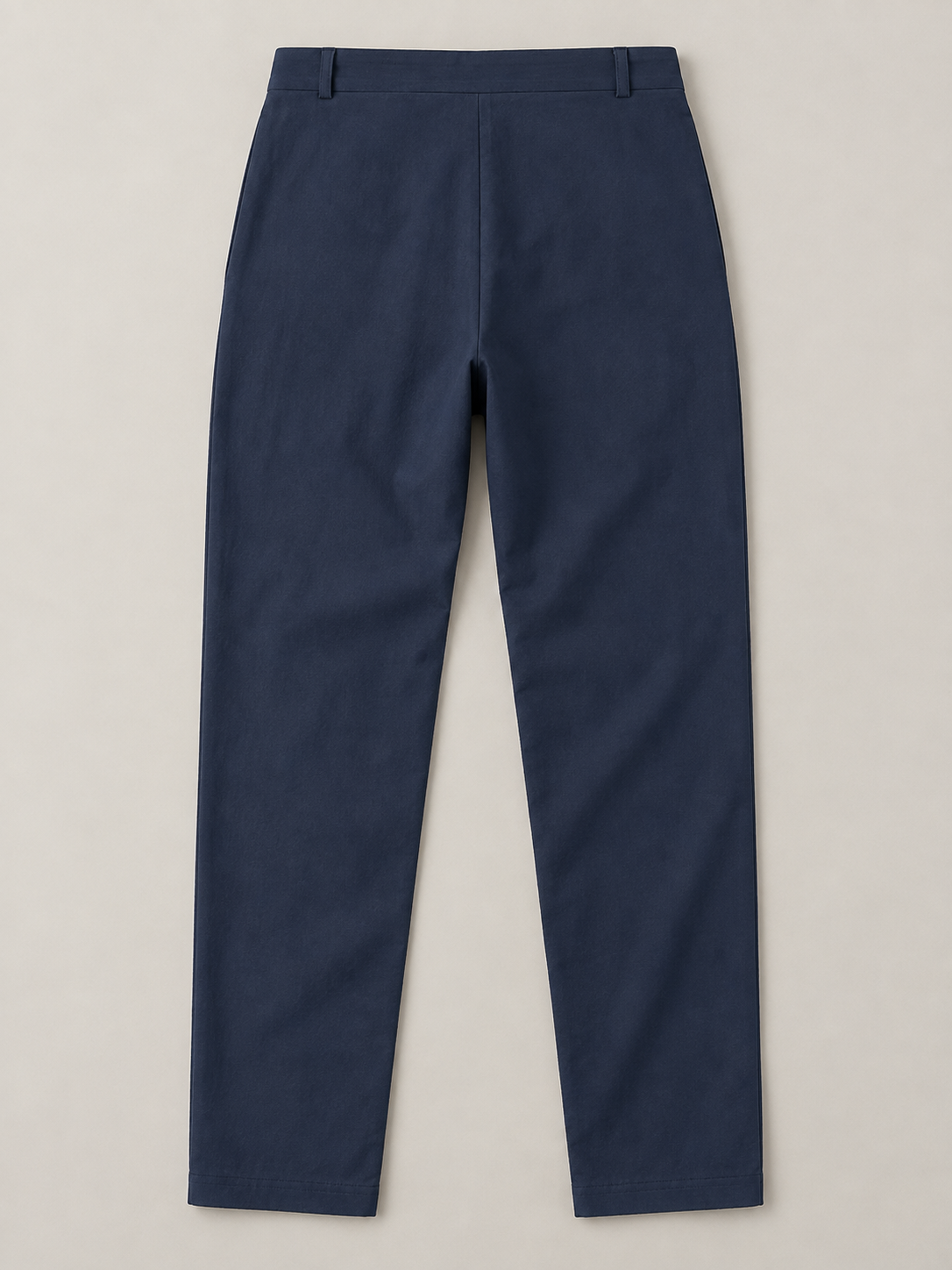 Navy Blue button-front drawstring trousers, flat lay back.