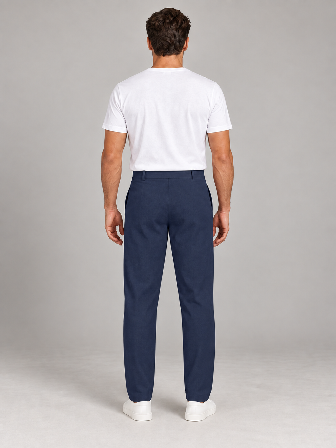 Navy Blue button-front drawstring trousers, model back.