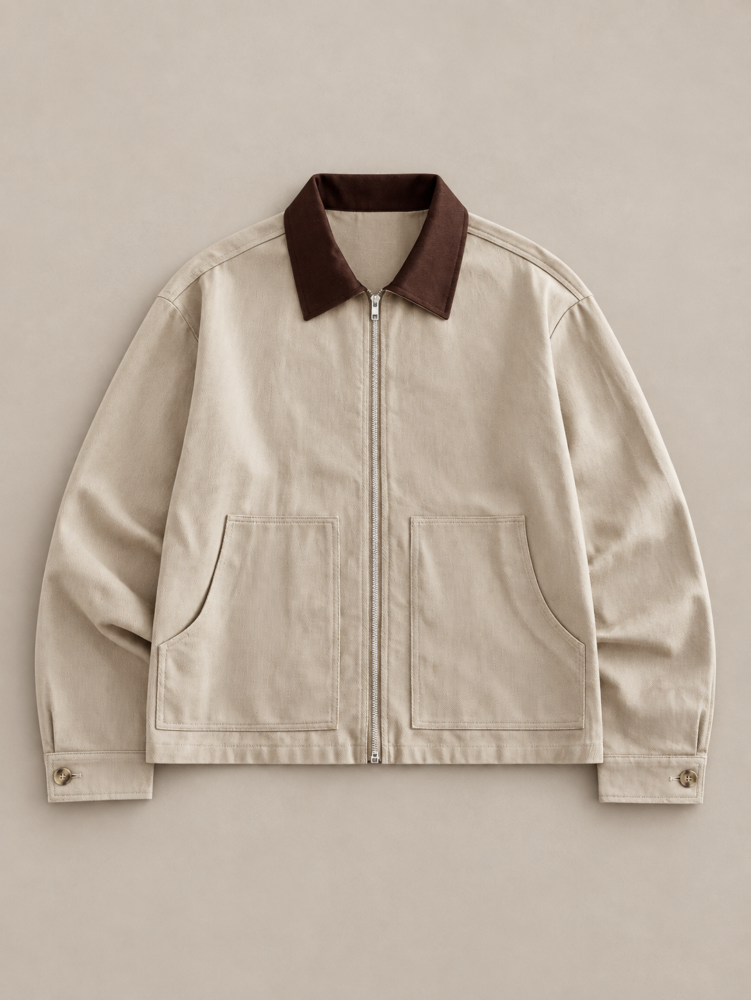 Multicolor mens cotton contrast collar zip jacket, flat lay front.