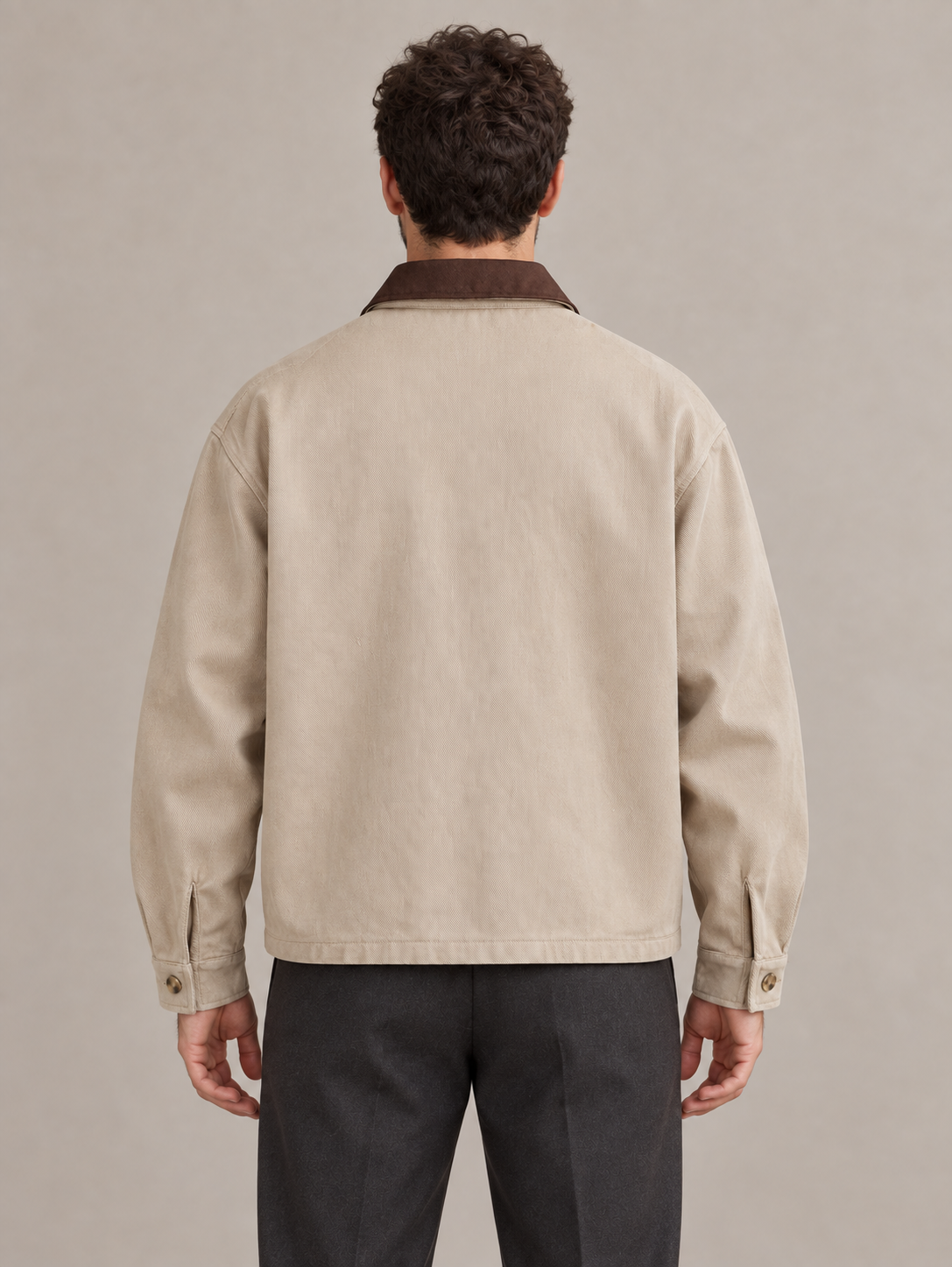 Multicolor mens cotton contrast collar zip jacket, model back.