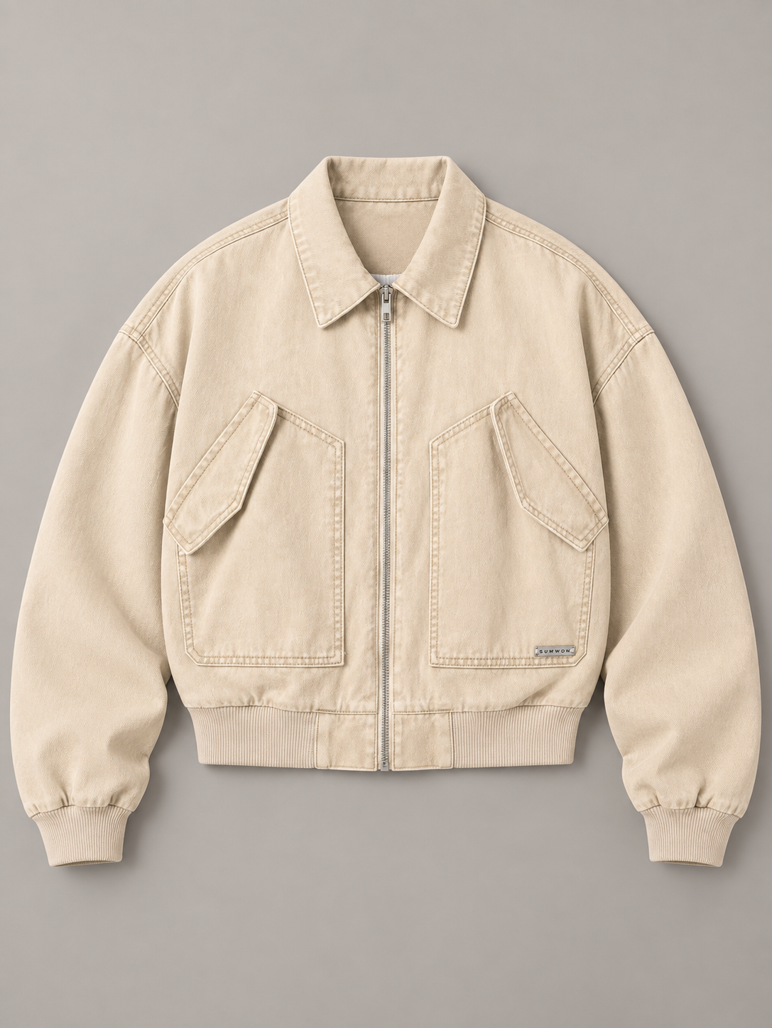 Khaki cropped cotton utility bomber jacket, flat lay front.