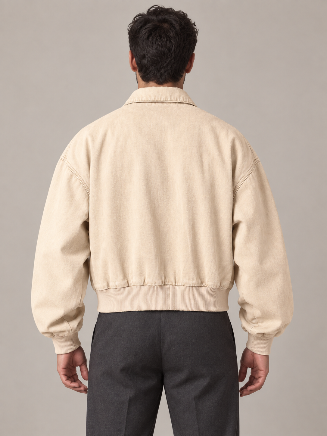 Khaki cropped cotton utility bomber jacket, model back.
