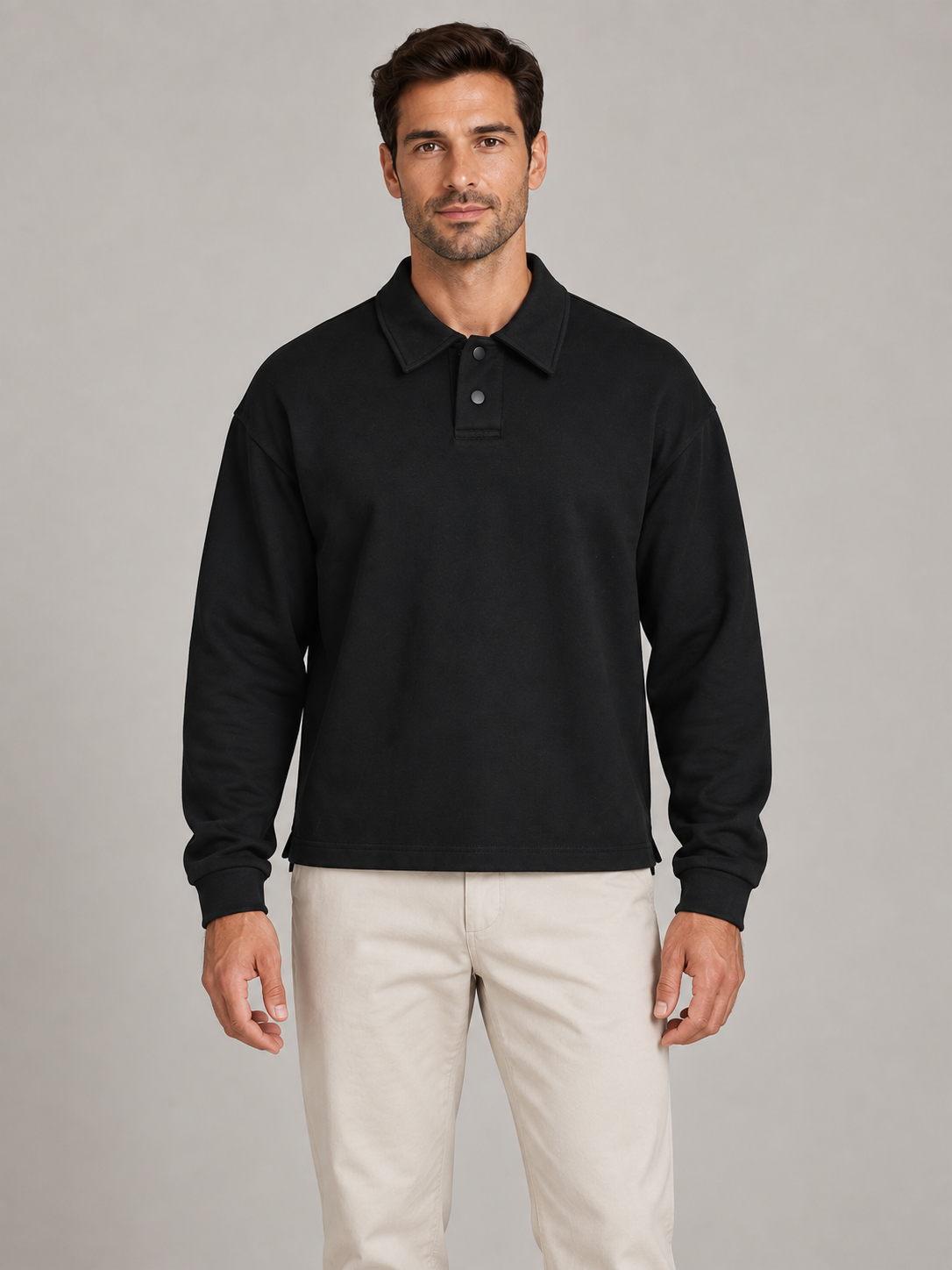 Black cotton polo pullover, front view on a model.