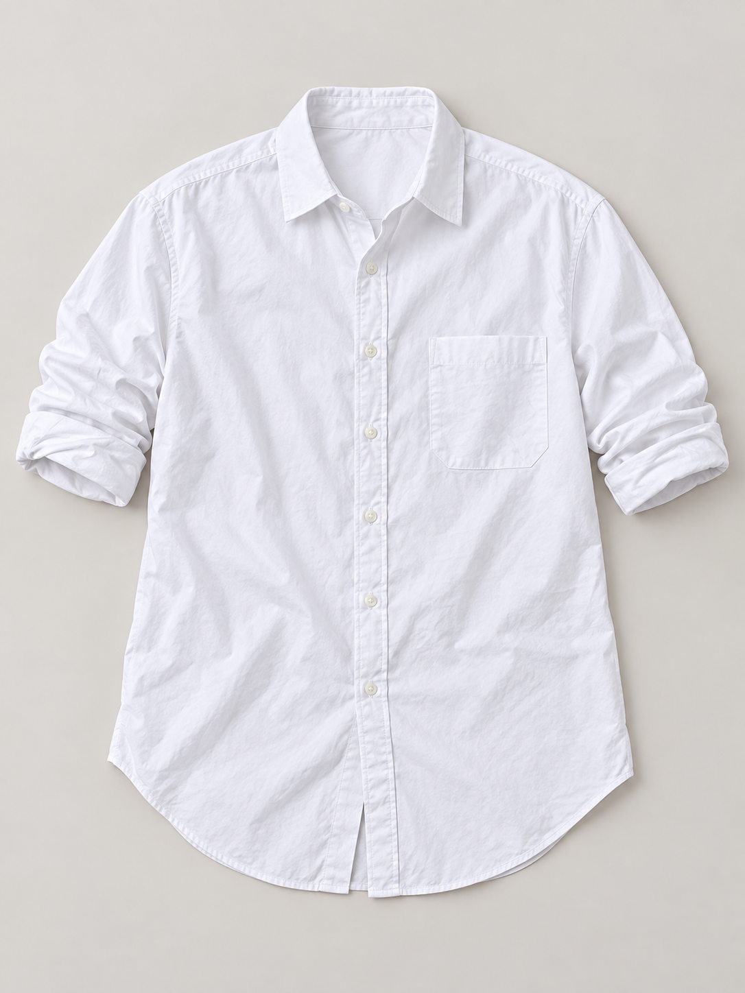 White cotton relaxed pocket shirt, flat lay front.