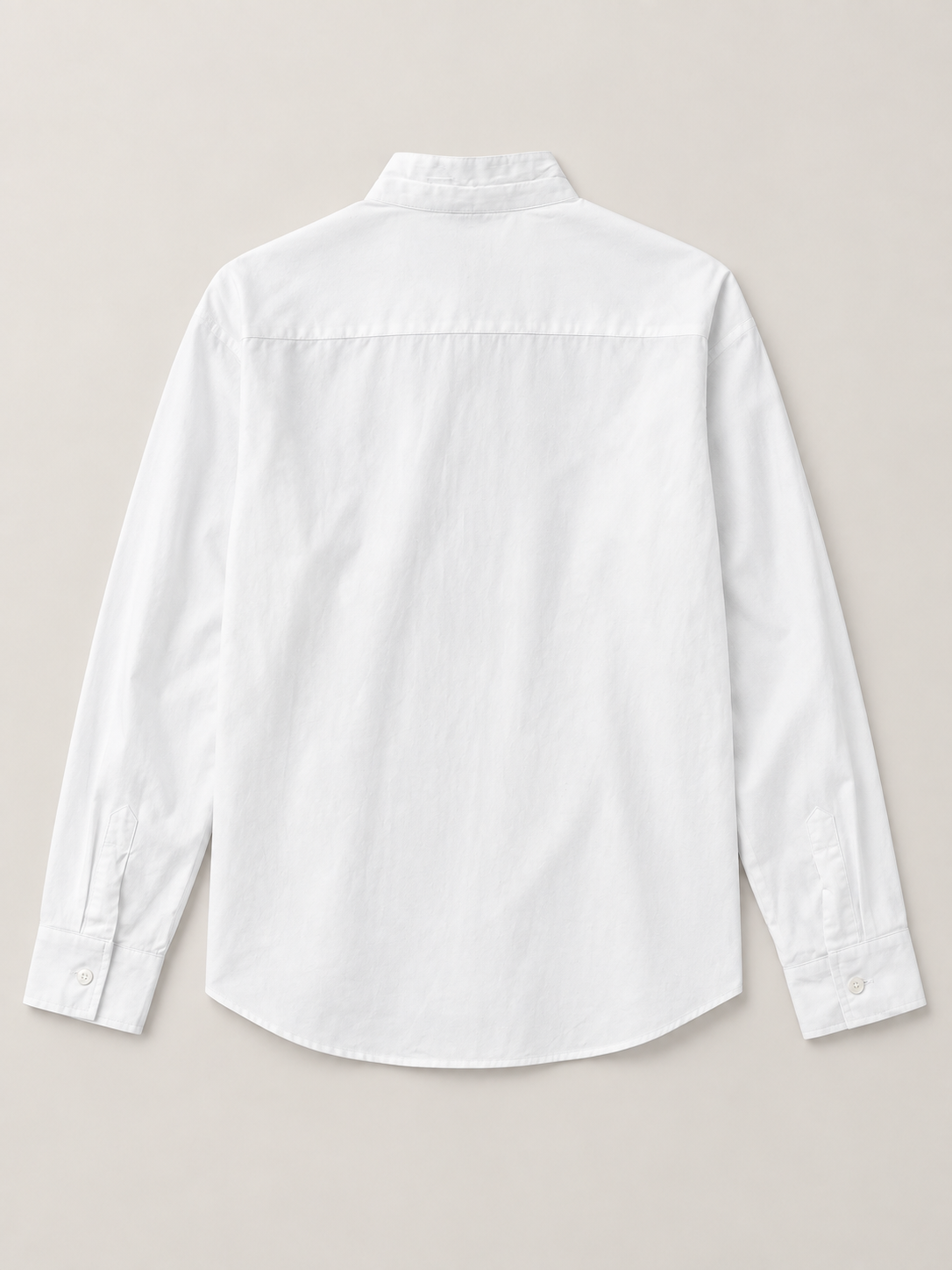 White cotton stand-collar shirt, flat lay back.