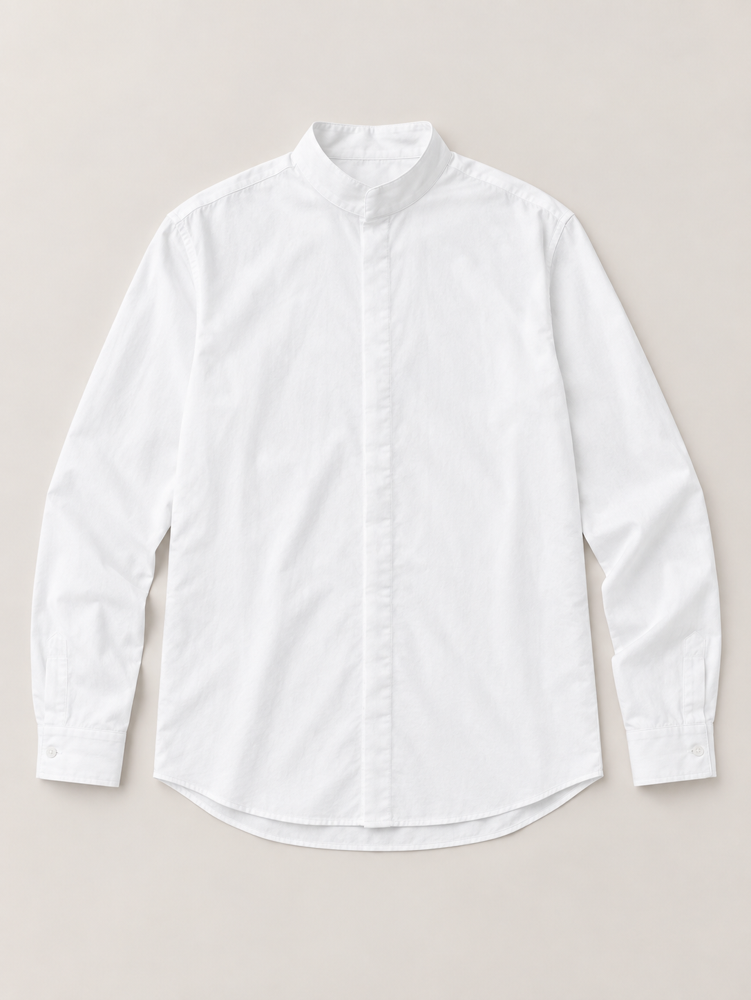 White cotton stand-collar shirt, flat lay front.