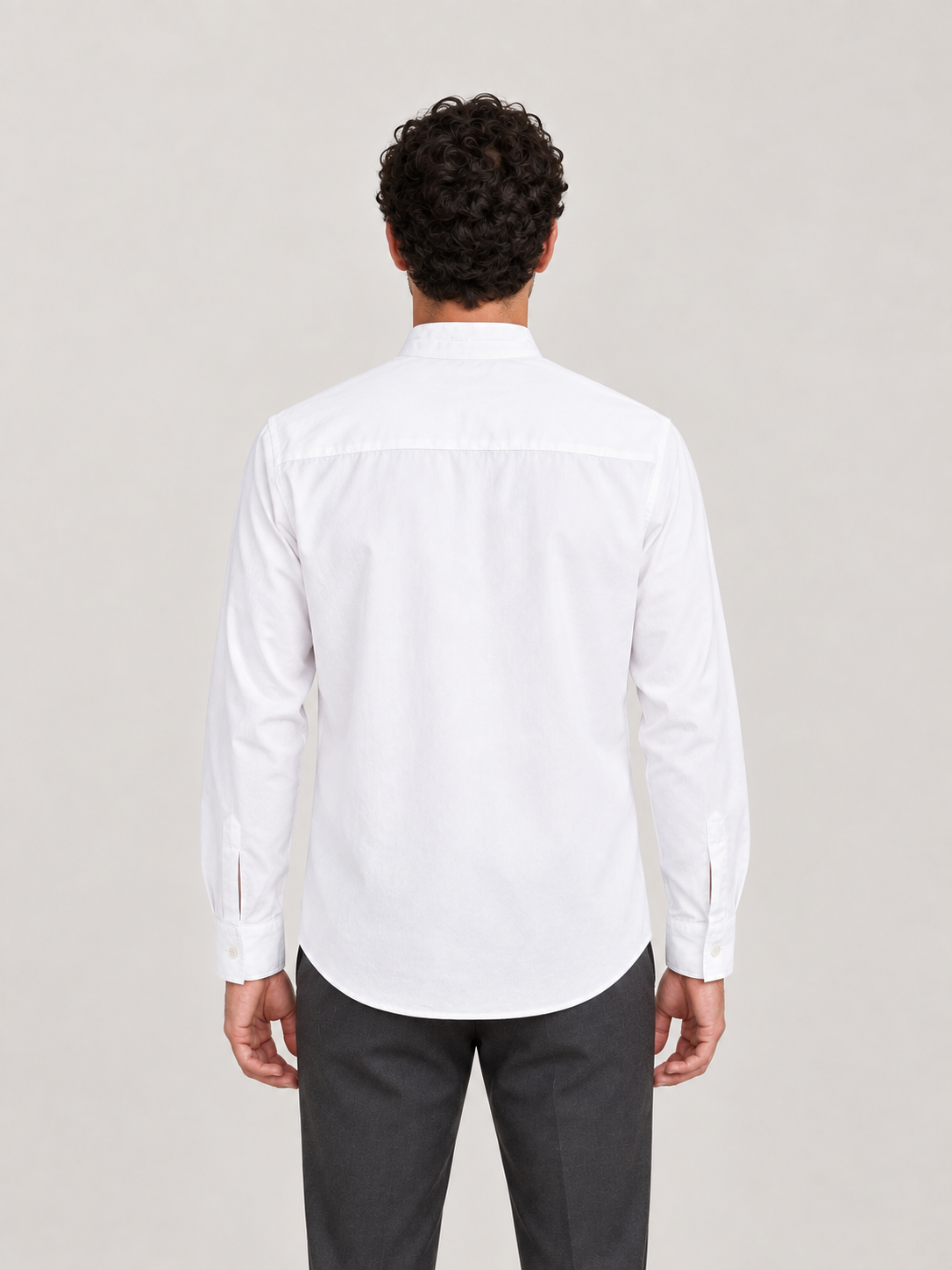 White cotton stand-collar shirt, model back.
