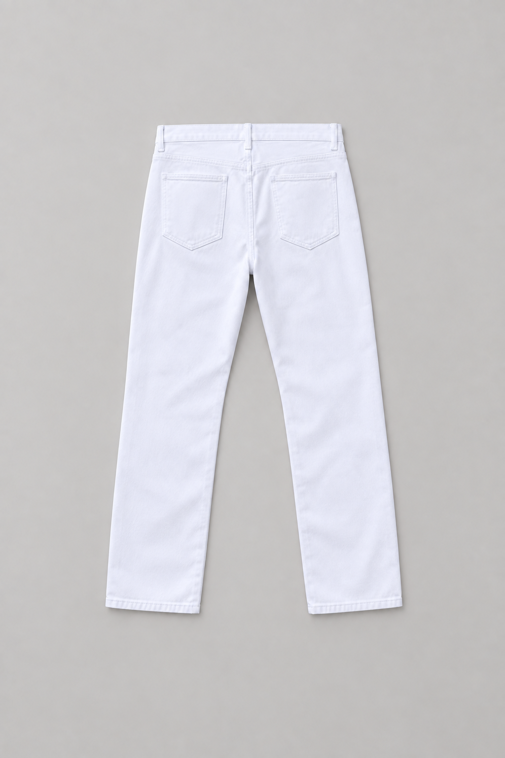Back flat lay of white straight-leg jeans with two plain patch pockets.