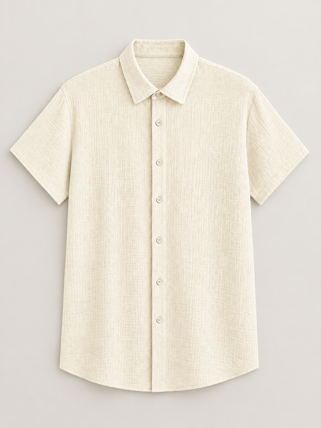 Pale khaki textured cotton short-sleeve shirt, flat lay front.
