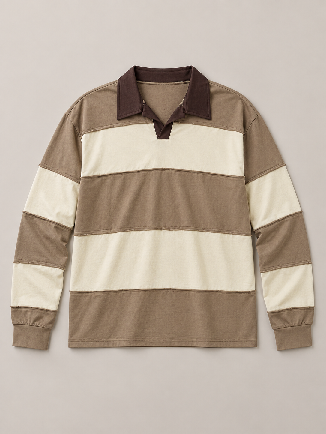 Taupe and cream paneled long-sleeve polo, flat lay front.