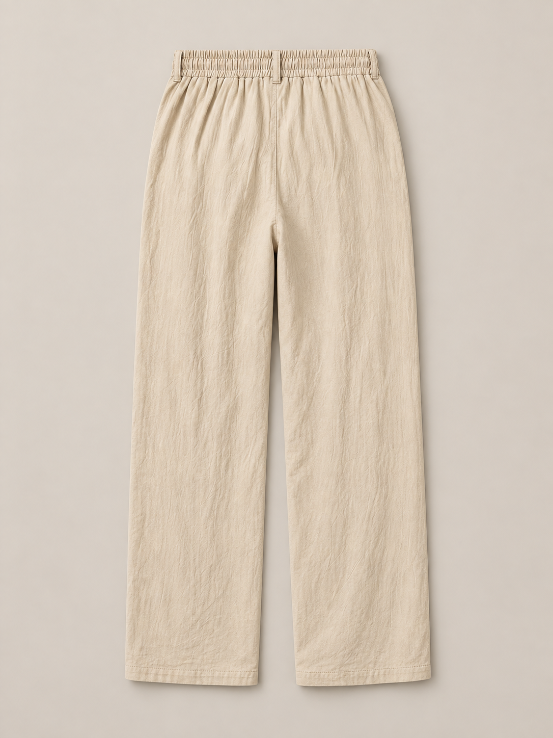 Khaki woven drawstring trousers, flat back with a plain seat and belt loops.
