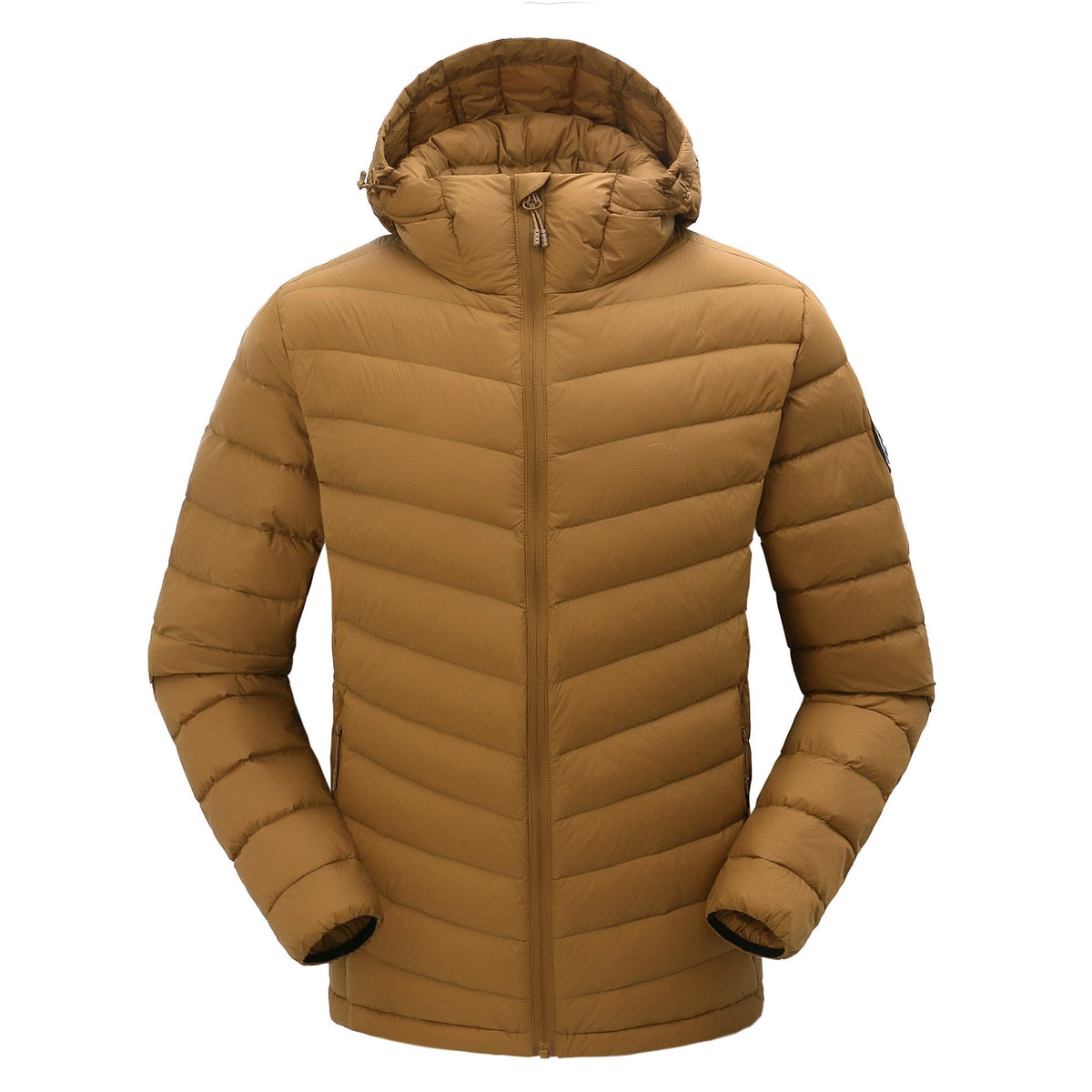 Northern Sun Packable Down Jacket in brown down, lifestyle view showing product details