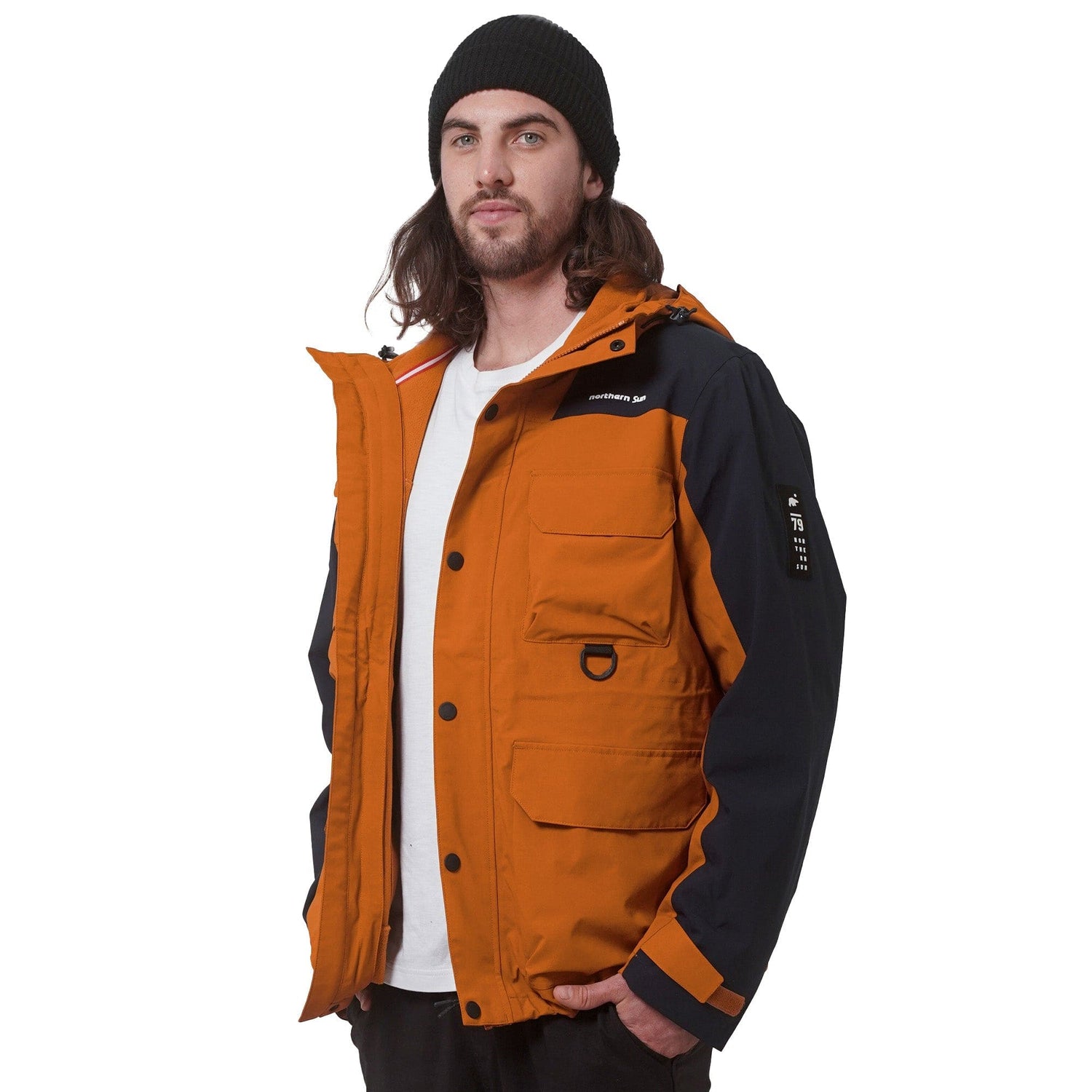 Side view of Northern Sun 3-in-1 Waterproof Winter Parka worn by model, highlighting zippered front and adjustable cuffs.