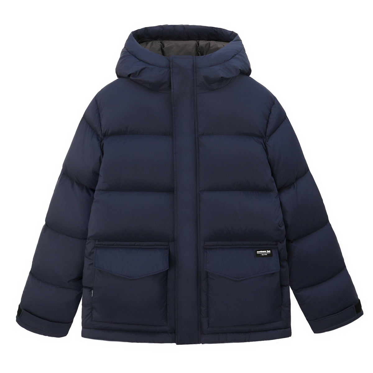 Northern Sun Down Parka in navy down, lifestyle view showing product details